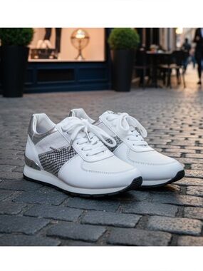 💖 Michael Michael Kors Allie Leather Trainer Sneakers In White & Silver-Size 6.5